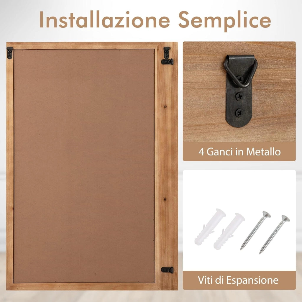 Specchio da Parete Stile Fattoria, 100 x 70 cm Specchio Decorativo Rettangolare da Parete con Cornice in Legno, per Bagno Soggiorno Camera da Letto, Verticalmente o Orizzontalmente