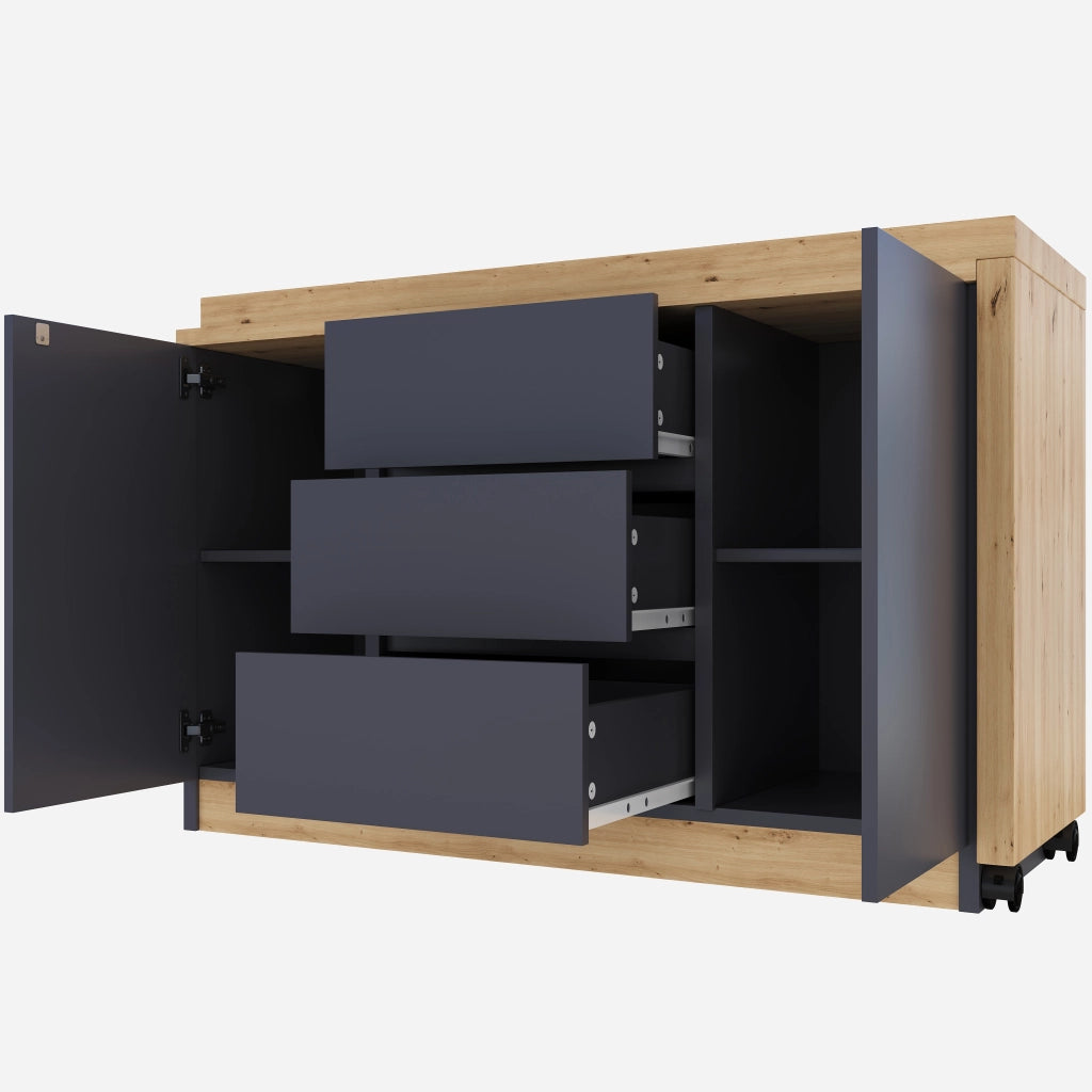 Scrivania pieghevole multifunzionale con 2 ante e 3 cassetti su ruote con freno in grigio quercia 120 × 50 × 76,5 cm