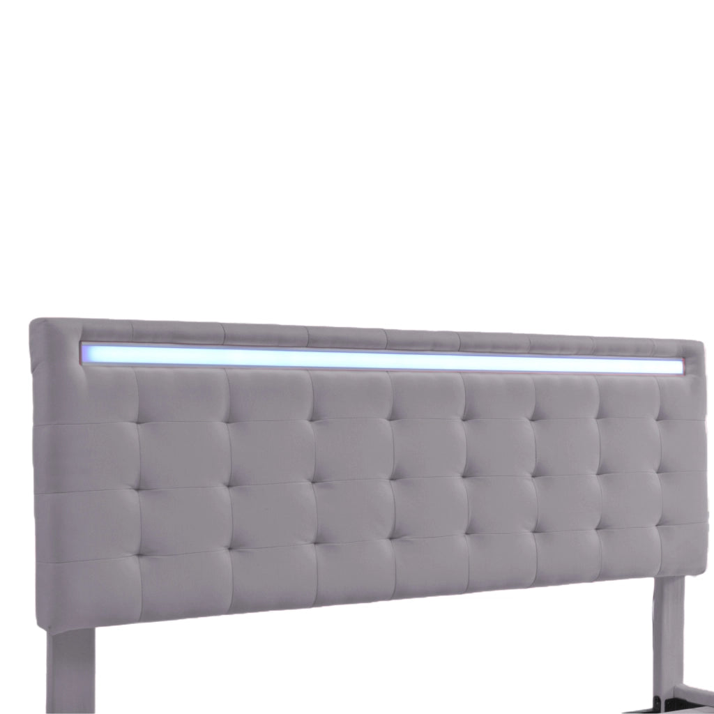 Letto imbottito 140 × 200 cm 2 posti con LED e piedi nascosti, in tessuto lino, senza materasso, grigio