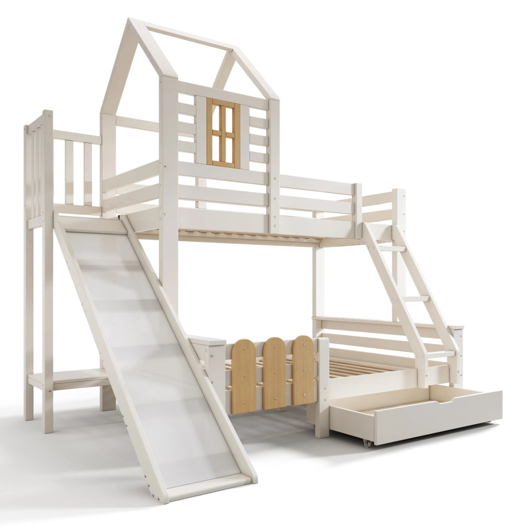 Letto a castello per bambini 90x200/140x200 cm con scivolo, scala, cassetto e rete a doghe