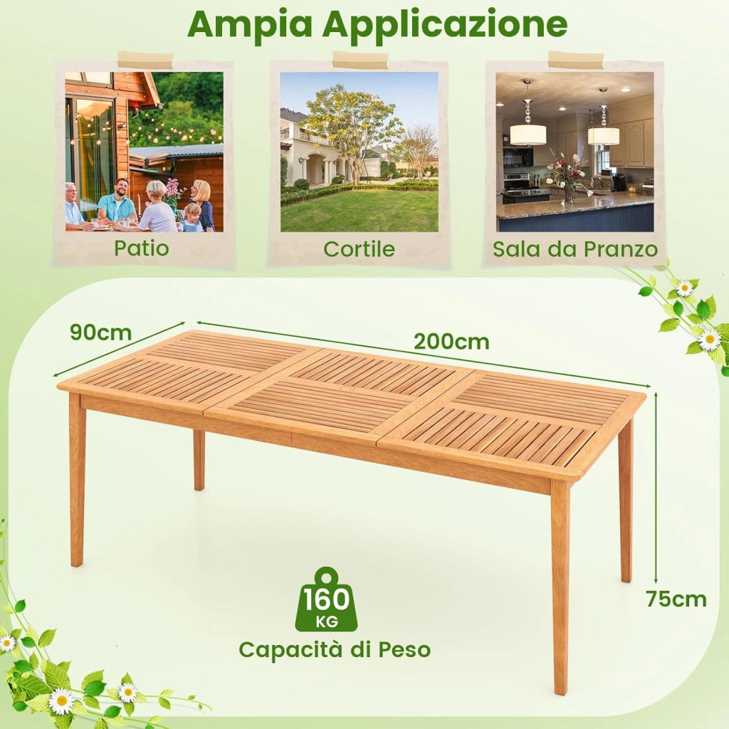 Tavolo Pranzo da Giardino a 8 Posti, Tavolo in Legno con Foro per Ombrellone 5 cm, per Giardino Patio Piscina, Portata 160 kg, 200 x 90 x 75 cm