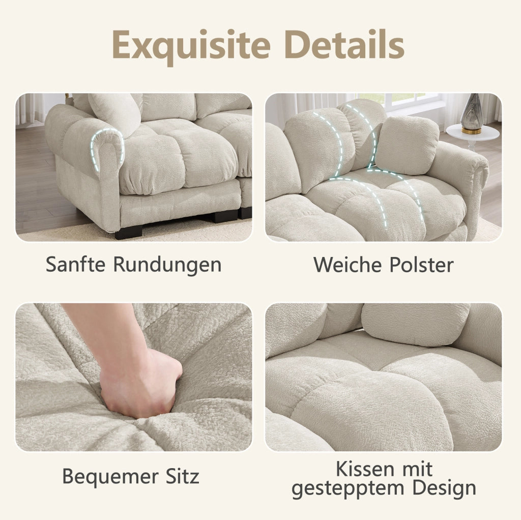 Divano modulare in chenille 260x86x90 cm con seduta trapuntata; cuscino incluso; kaki chiaro