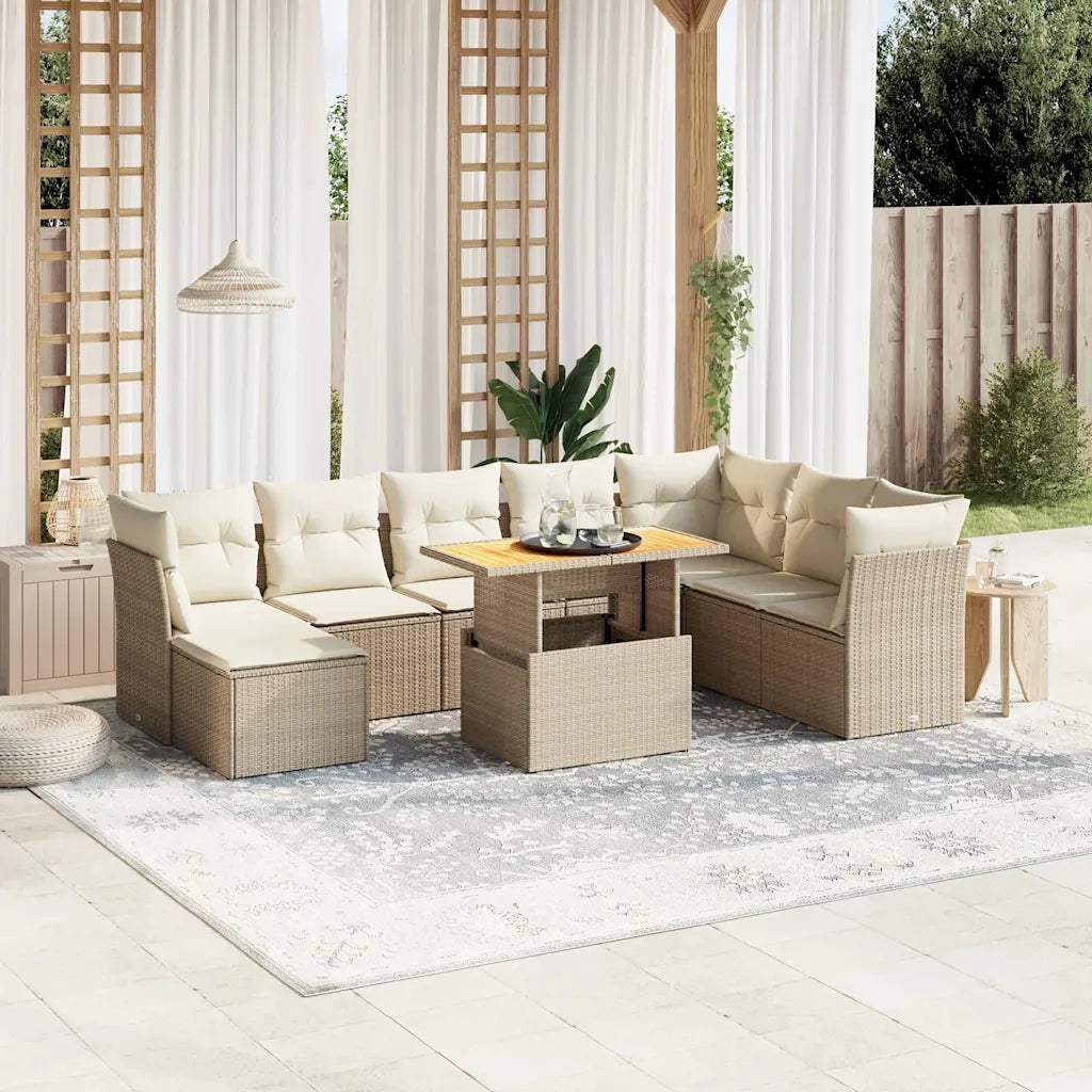 Set Divano da Giardino 9 pz con Cuscini Beige in Polyrattan