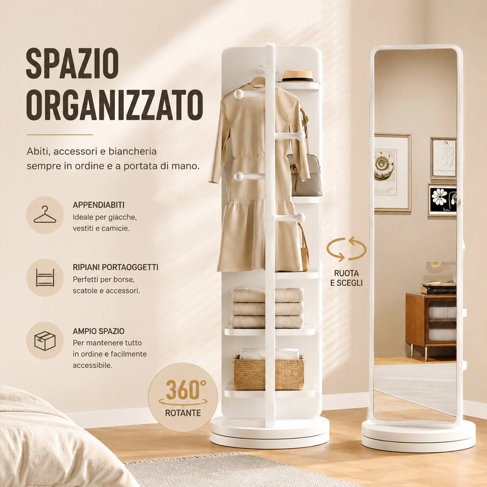 Specchio Rotante Struttura Bianca in Legno e Appendiabiti Attaccapanni 170x45cm