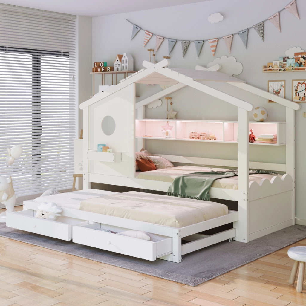 Letto Bambini con Letto Estraibile ¨C MINIMAL ¨C Bianco, LED, USB, Cassetti, 90x200