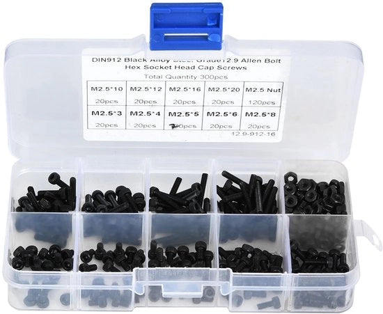 Viti interni a 300 pezzi - M2,5 x 20 mm - Acciaio inox - Grado 12,9 - Nero - Viti con dado - Alta qualità