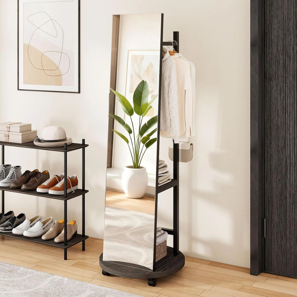 Specchio a figura intera, specchio da terra con appendiabiti, 45 x 135 cm, grande specchio con vetro infrangibile, ganci, ripiani, ruote, per ingresso, soggiorno, camera da letto (nero+noce)