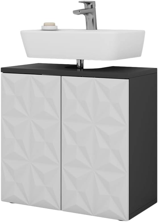 Mobile sottolavabo per bagno Edge, Nero, 60 x 57 cm con 2 porte, per la conservazione in bagno con meccanismo push-to-open