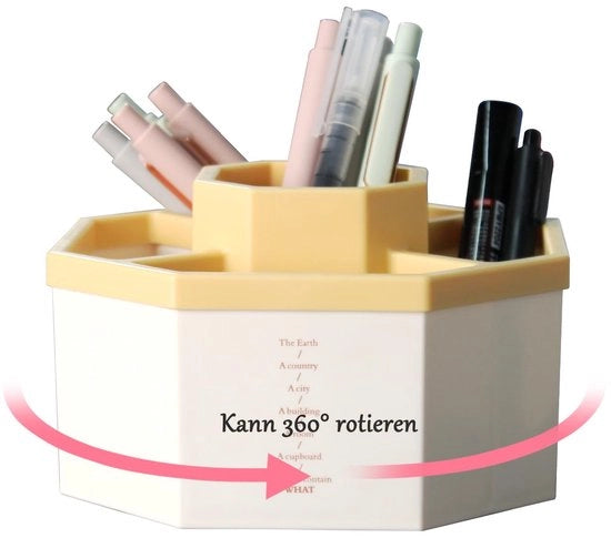 Penhouder a 5 compartimenti rotante - progettato 360°, materiale PP, grande compartimento centrale + 4 piccoli compartimenti - ideale per pennarelli, forbici, gomme - organizzatore per ufficio/bureau, giallo.