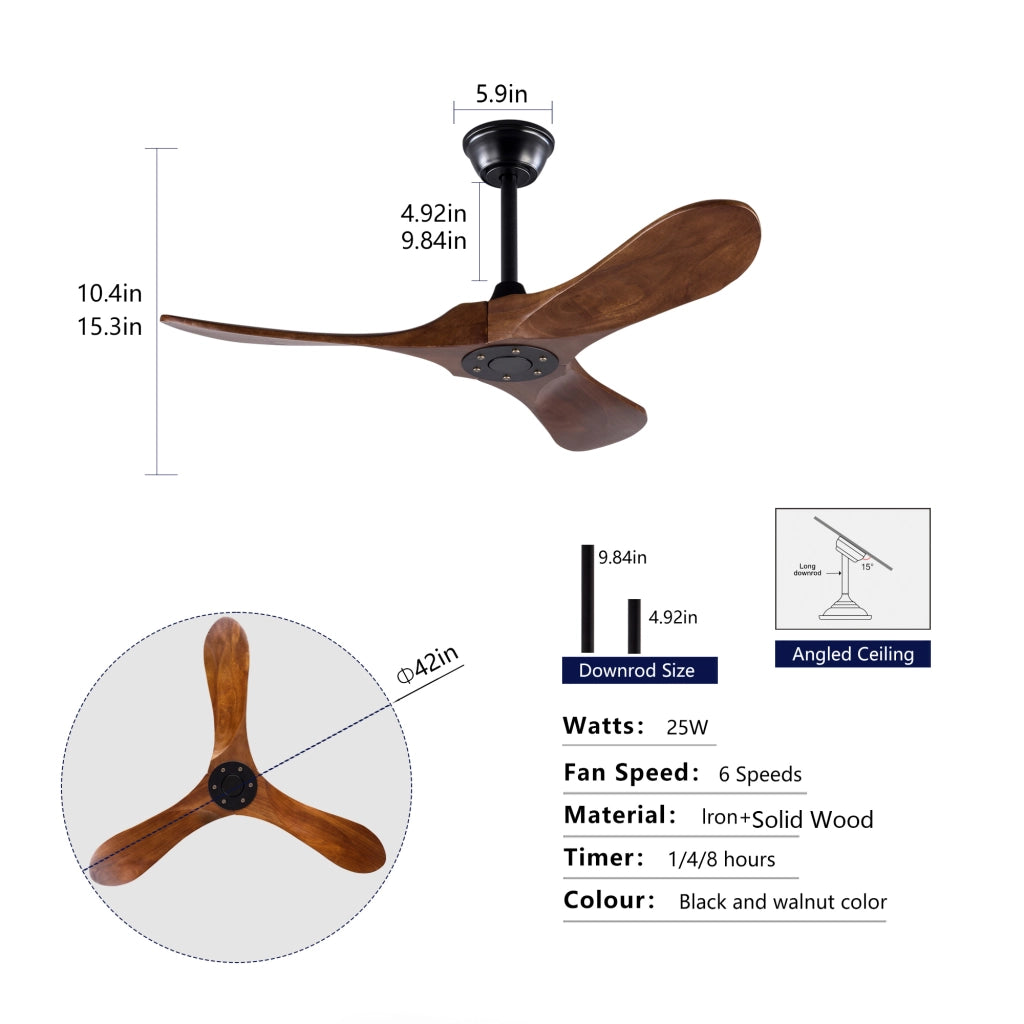 Ventilatore da soffitto 42 pollici, 3 pale legno, design ad elica, funzione memoria, telecomando, finitura noce, per terrazze e soggiorni