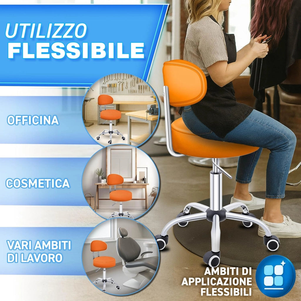 Sgabello con rotelle con schienale arancione | Sgabello da lavoro regolabile in altezza 46-58 cm | Sgabello girevole con rotelle | Sedia da ufficio sgabello sedia girevole sgabello per