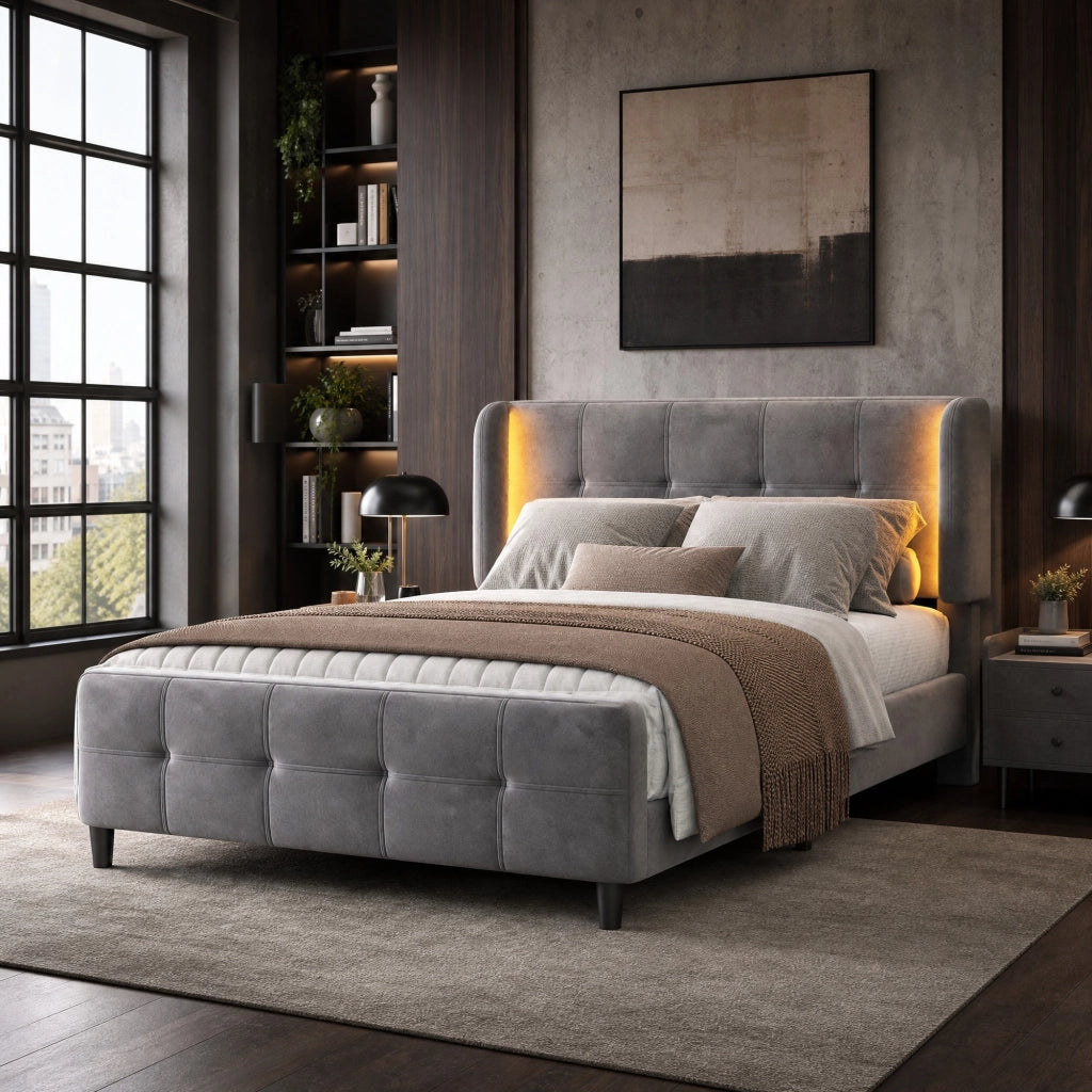 Letto matrimoniale imbottito grigio 140x200 cm con LED