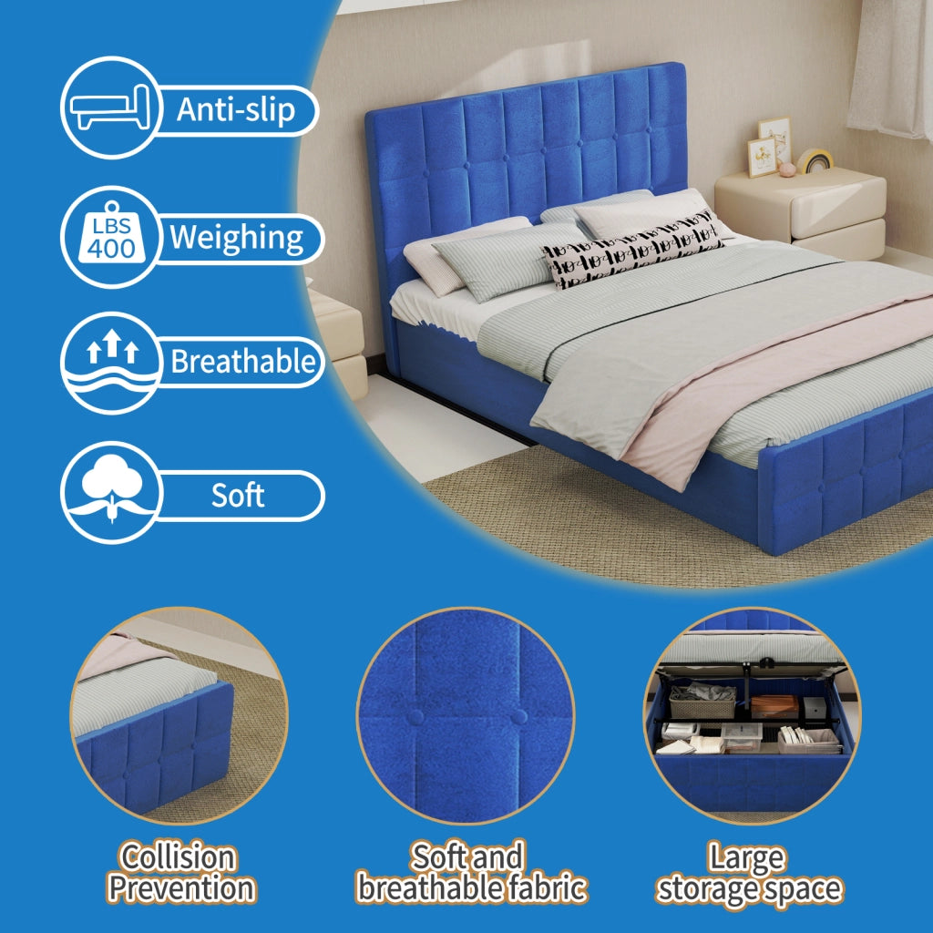 DESMIU Letto matrimoniale 140 × 200 cm 2 posti con testiera capitonnè, senza materasso, in velluto, blu
