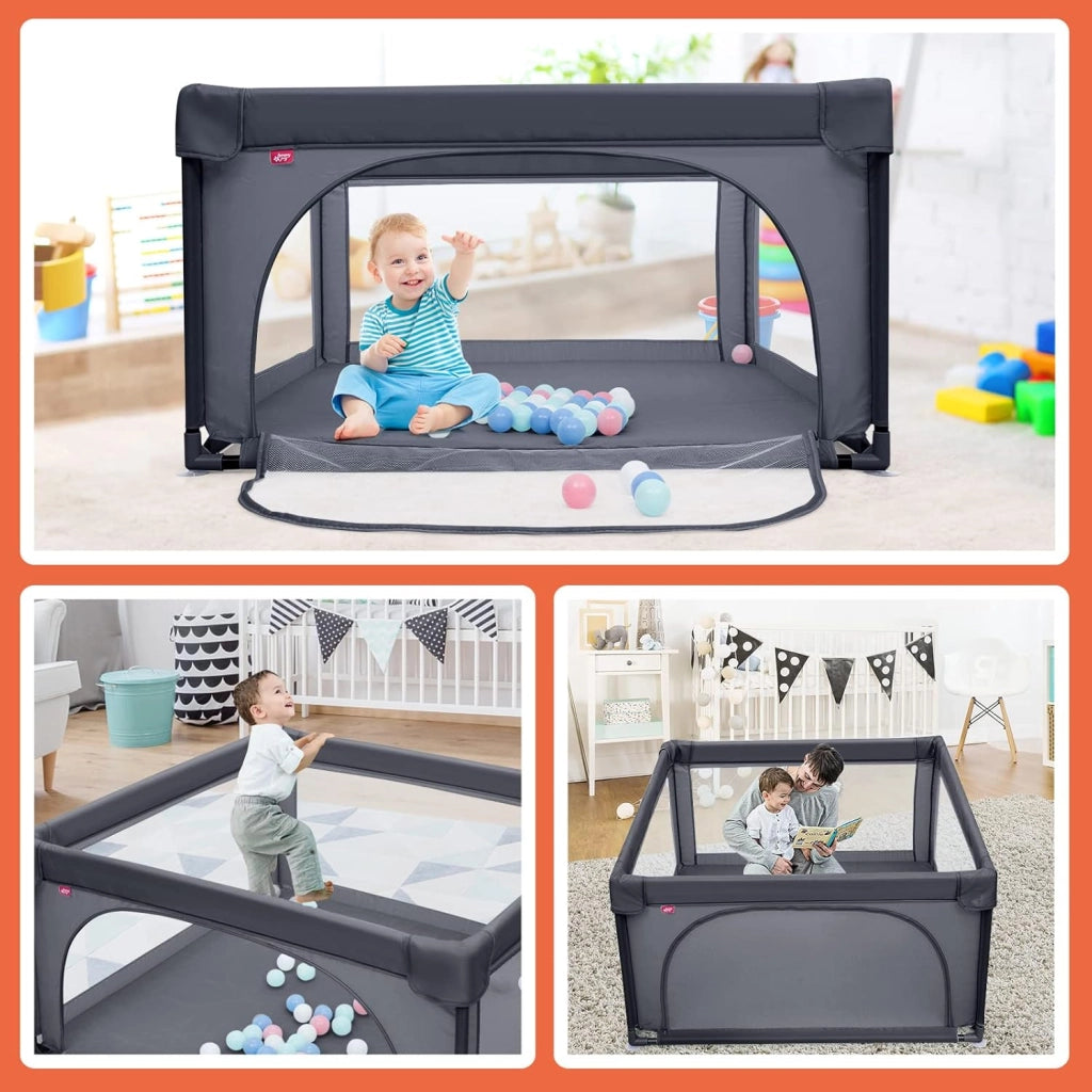 Box per Bambini, Centro Attività Portatile con Cancelli di Sicurezza, Recinto Resistente con Ventose Antiscivolo e Pareti a Rete Traspirante, Cancello per Giocare con 50 Palline (Grigio Scuro)