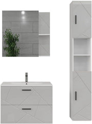 Set di mobili da bagno Irma, Bianco/bianco lucido, 80 cm, composto da mobile sottolavabo con lavabo, armadio alto e specchio da bagno