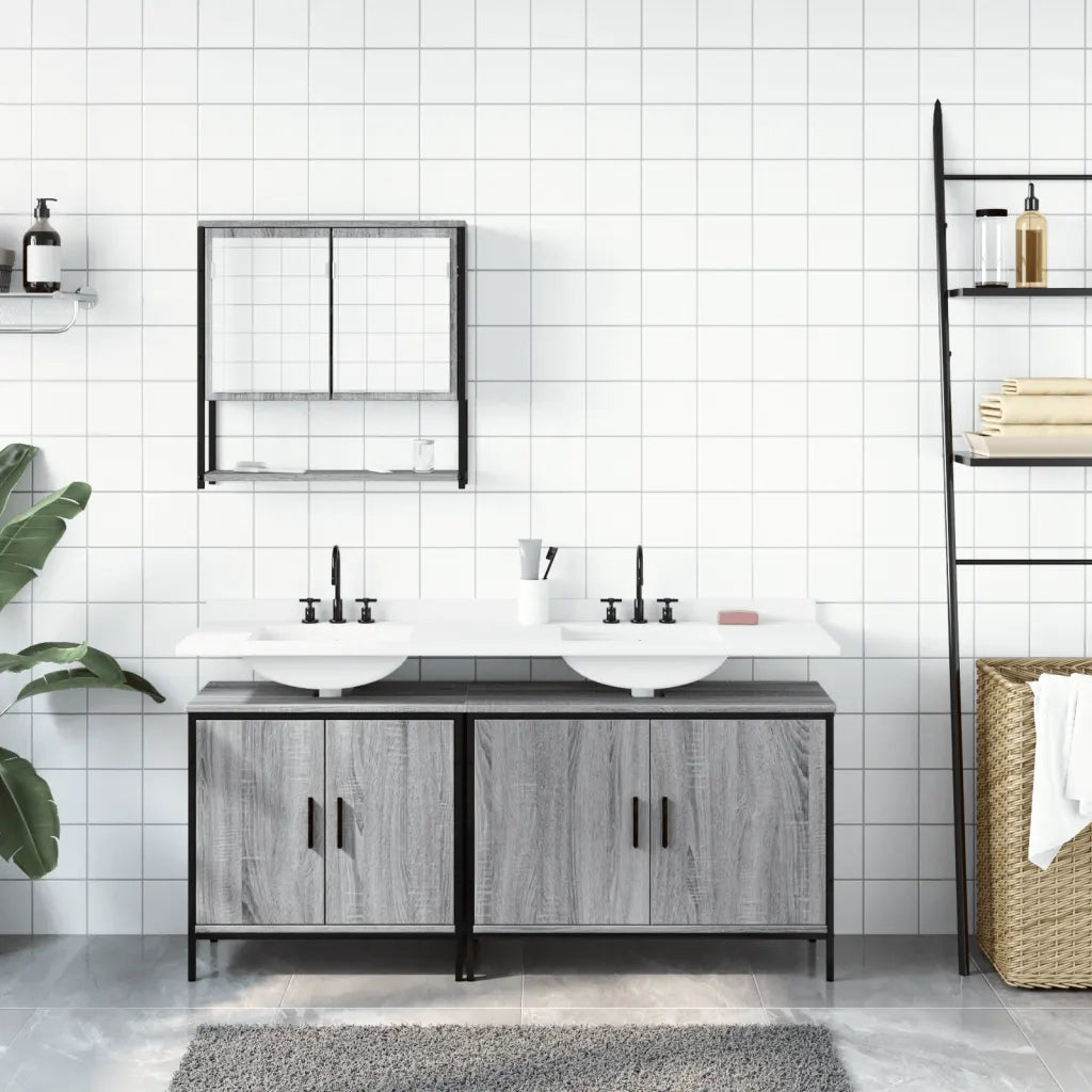 Set Mobili da Bagno 3 pz Grigio Sonoma in Legno Multistrato 3214673