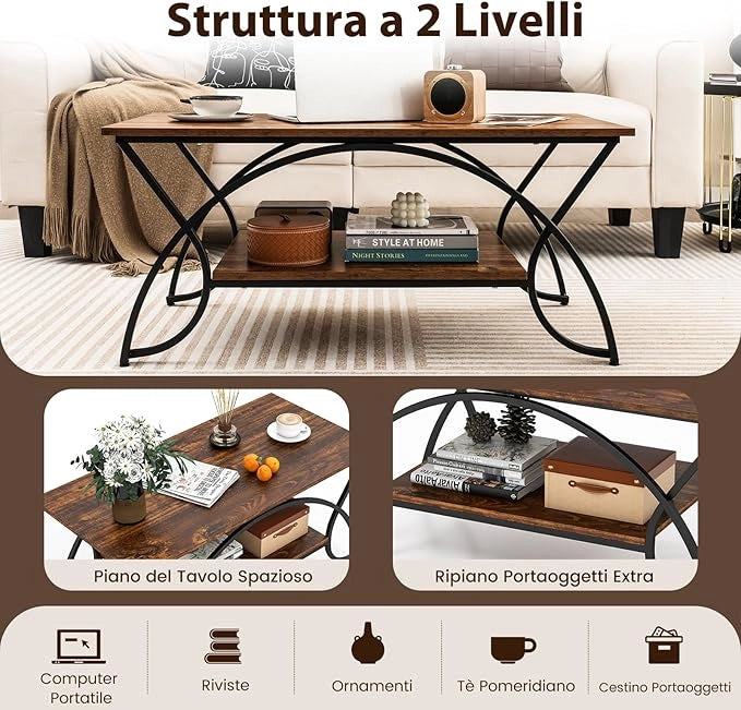 Tavolino da Caffè da Salotto, Tavolino Rettangolare a 2 Livelli con Struttura in Metallo, Tavolino Elegante e Moderno per Studio, Ufficio e Soggiorno, 100 x 50 x 45 cm (marrone e nero)