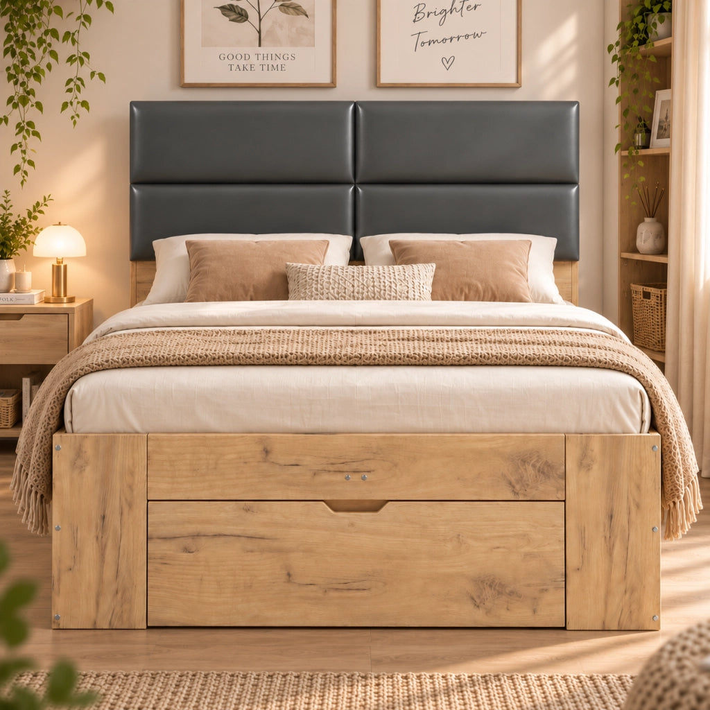 Letto contenitore 140x200 con luce USB USB-C e testiera imbottita in PU MDF naturale