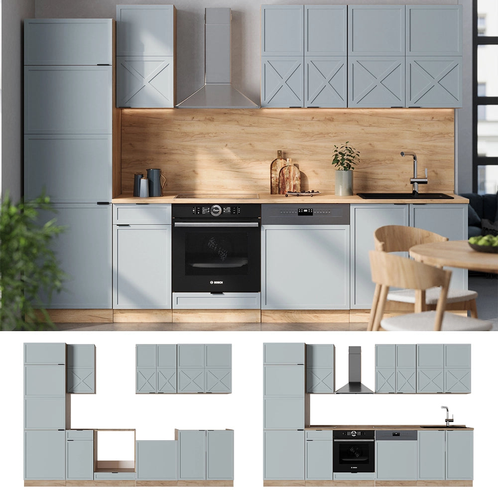 Cucina componibile Fame-Line Blu-grigio chiaro/Rovere dorato 300 cm, PL Marmo Vicco