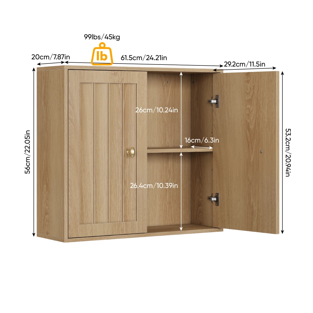 Mobile bagno pensile a 2 ante con design a scanalature verticali, colore rovere