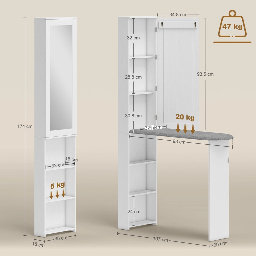 Mobile Asse da Stiro Pieghevole 107x35x174 cm a 6 Ripiani con Specchio e 2 Ganci in Legno e Poliestere Bianco