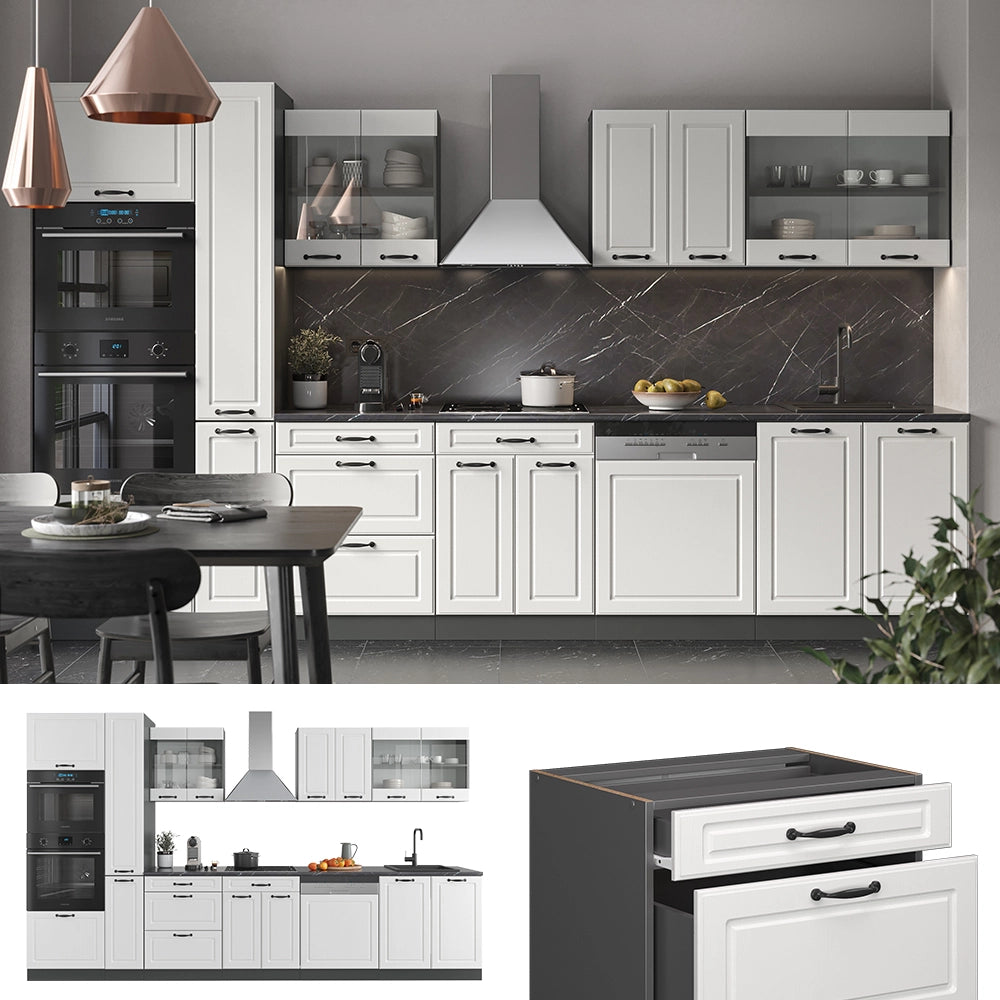 Vicco Cucina componibile Bianco casa di campagna/antracite 350 cm con armadio alto, senza piano di lavoro