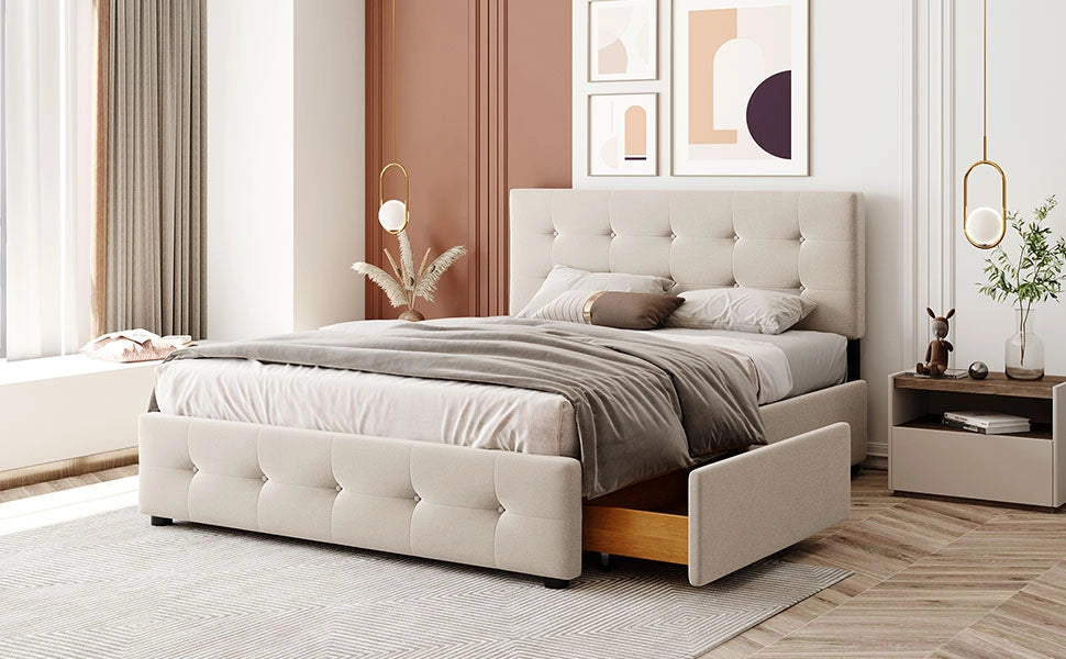 Letto matrimoniale imbottito con 4 cassetti e doghe; rivestimento in velluto beige; 140x200 cm; senza materasso