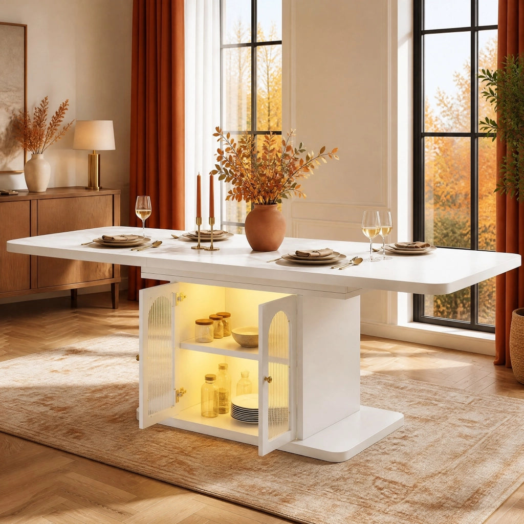 Tavolo da pranzo allungabile 150/200 cm con LED e vano contenitore, bianco, per 6–8 persone