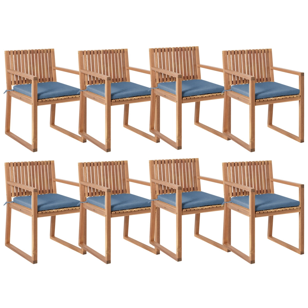 Set di 8 sedie da pranzo da giardino per esterni in legno d'acacia con cuscini blu resistente agli agenti atmosferici dal design classico