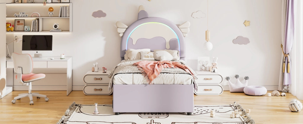 DESMIU Letto per bambini Letto estraibile 90 × 200 cm 1 posto con cassetto, senza materasso, in PU e MDF, viola