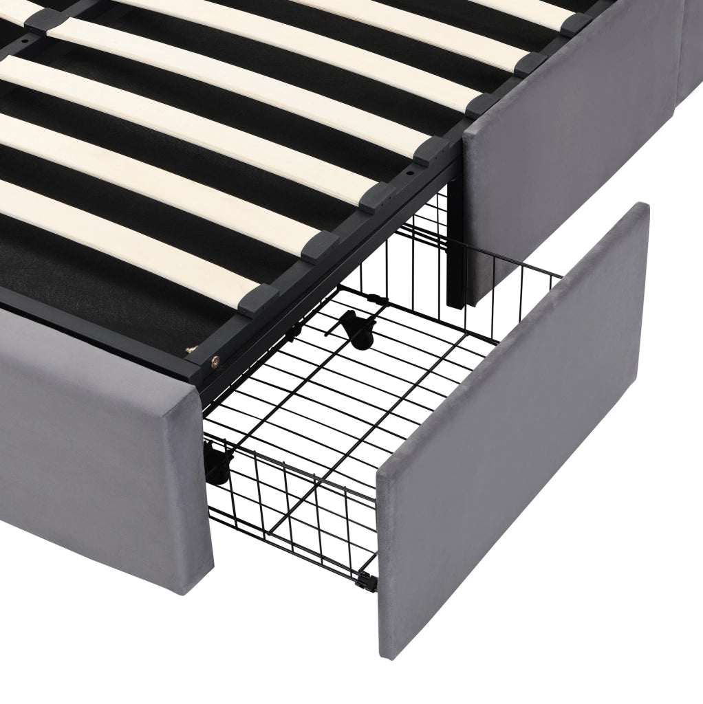 Letto imbottito in velluto grigio 140x190 cm con contenitore; 3 cassetti e testiera regolabile