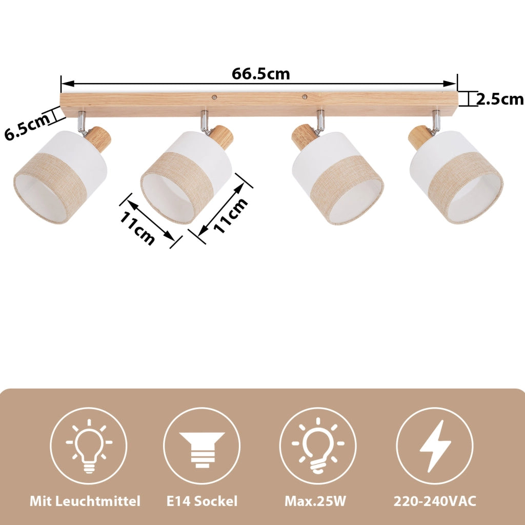ZMH Faretto da soffitto vintage 4 luci legno tessuto orientabili 350° E14 max 25W senza lampadina
