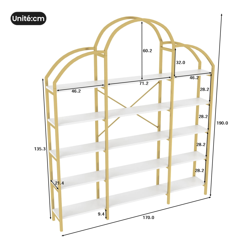 OKWISH Scaffale a 5 Ripiani con Decorazione a Nuvola, Contenitore per Soggiorno o Studio, Metallo e MDF, Bianco e Oro, 170 × 26 × 190 cm