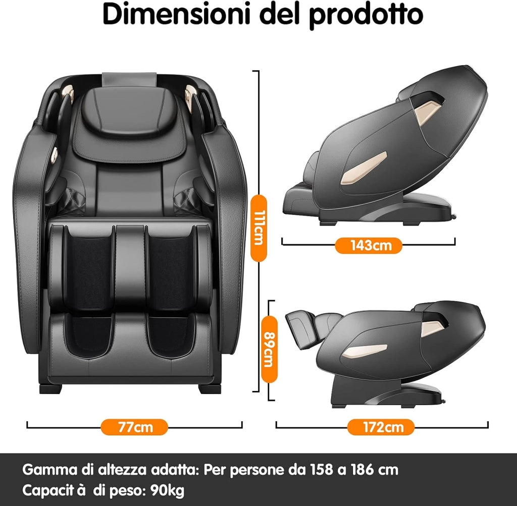 Poltrona Massaggiante 12 Modalità, a Zero Gravità, con Airbag e Rulli SL, Riscaldamento sullo Schienale, Rullo per Piedi, Rilevatore Corpo Automatico, Altoparlante Bluetooth e Timer (Nero)