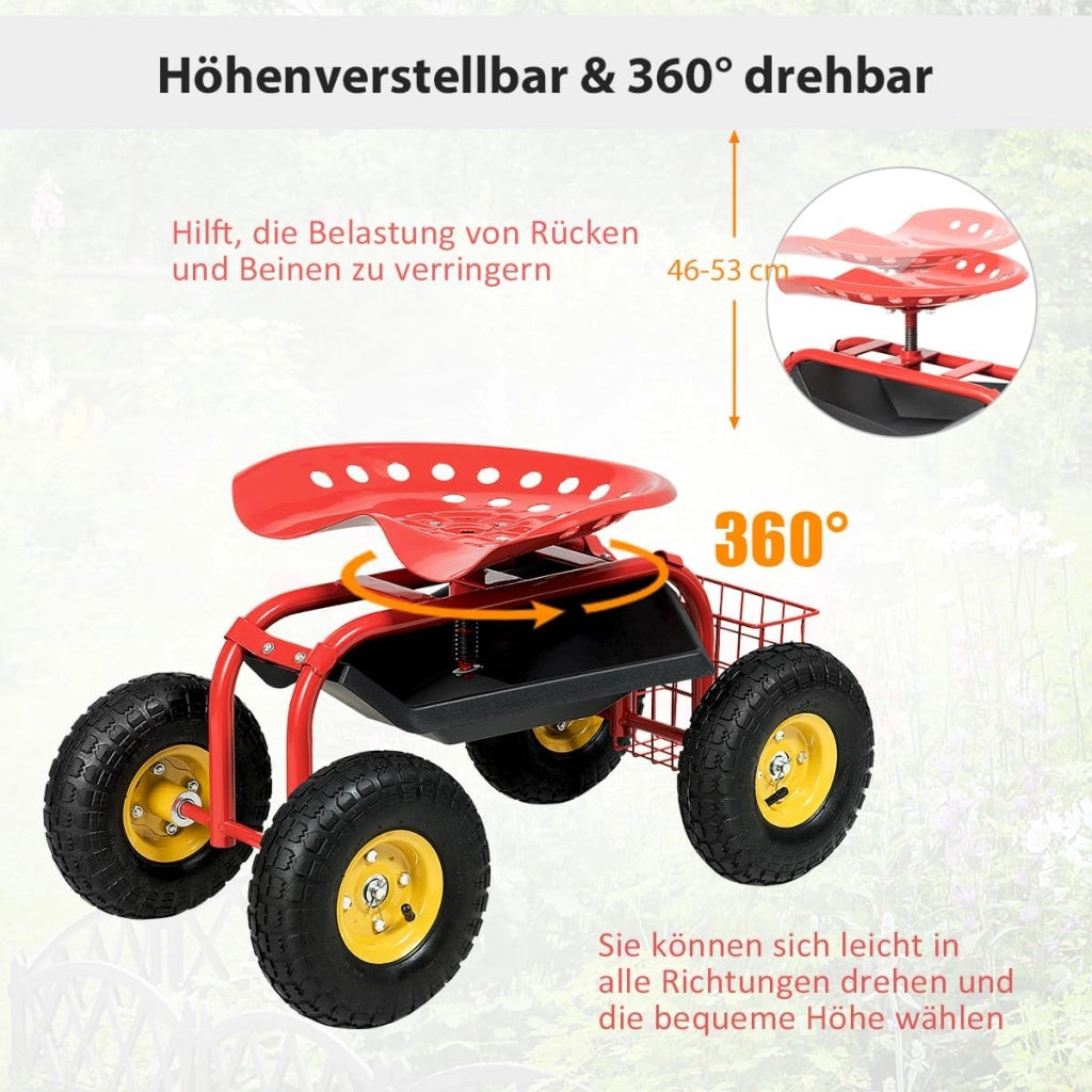 Sedia a rotelle per giardinaggio, girevole a 360° e regolabile in altezza da 46 a 53 cm, con cestino e ripiano, portata 150 kg, per giardinaggio e cura dell'auto (rosso)
