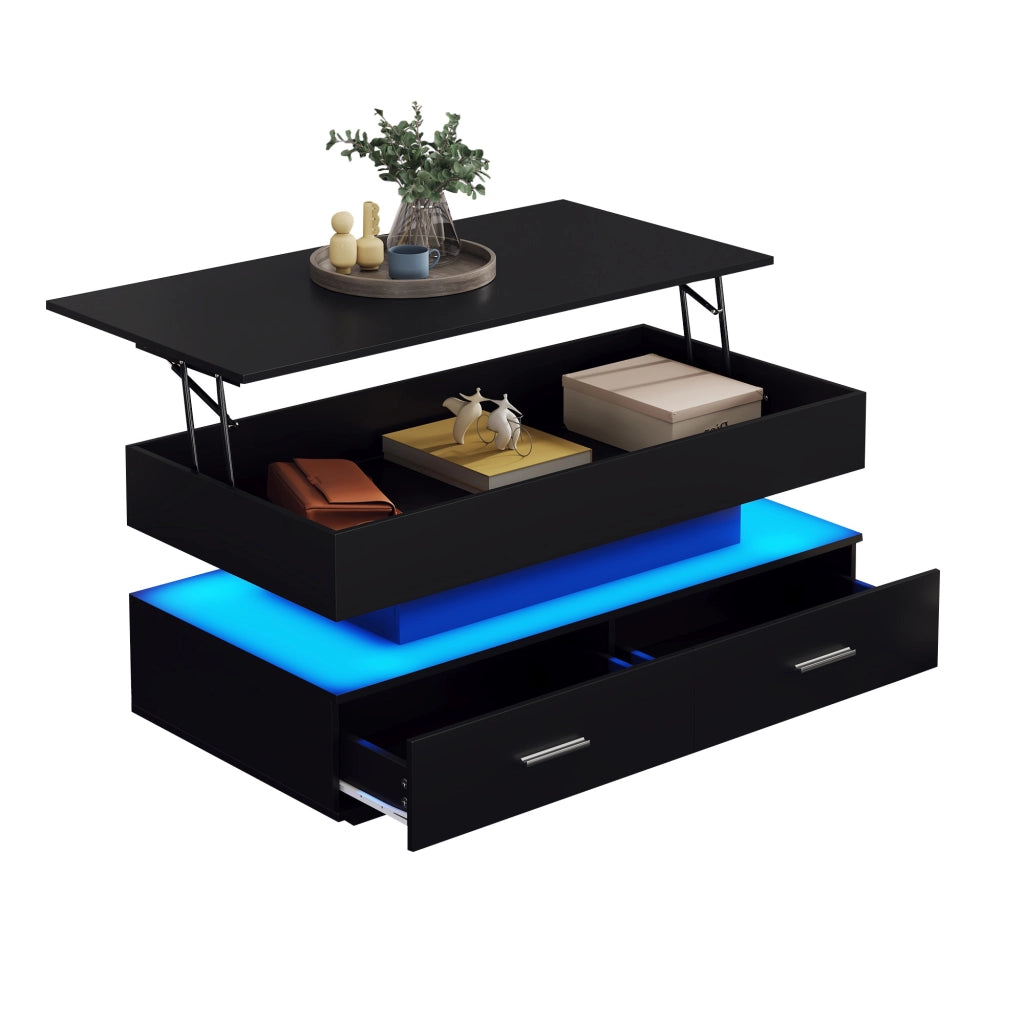 Tavolino da caffè sollevabile idraulico 100x50x44 cm con LED, Bluetooth APP, 2 cassetti e vano a giorno, nero