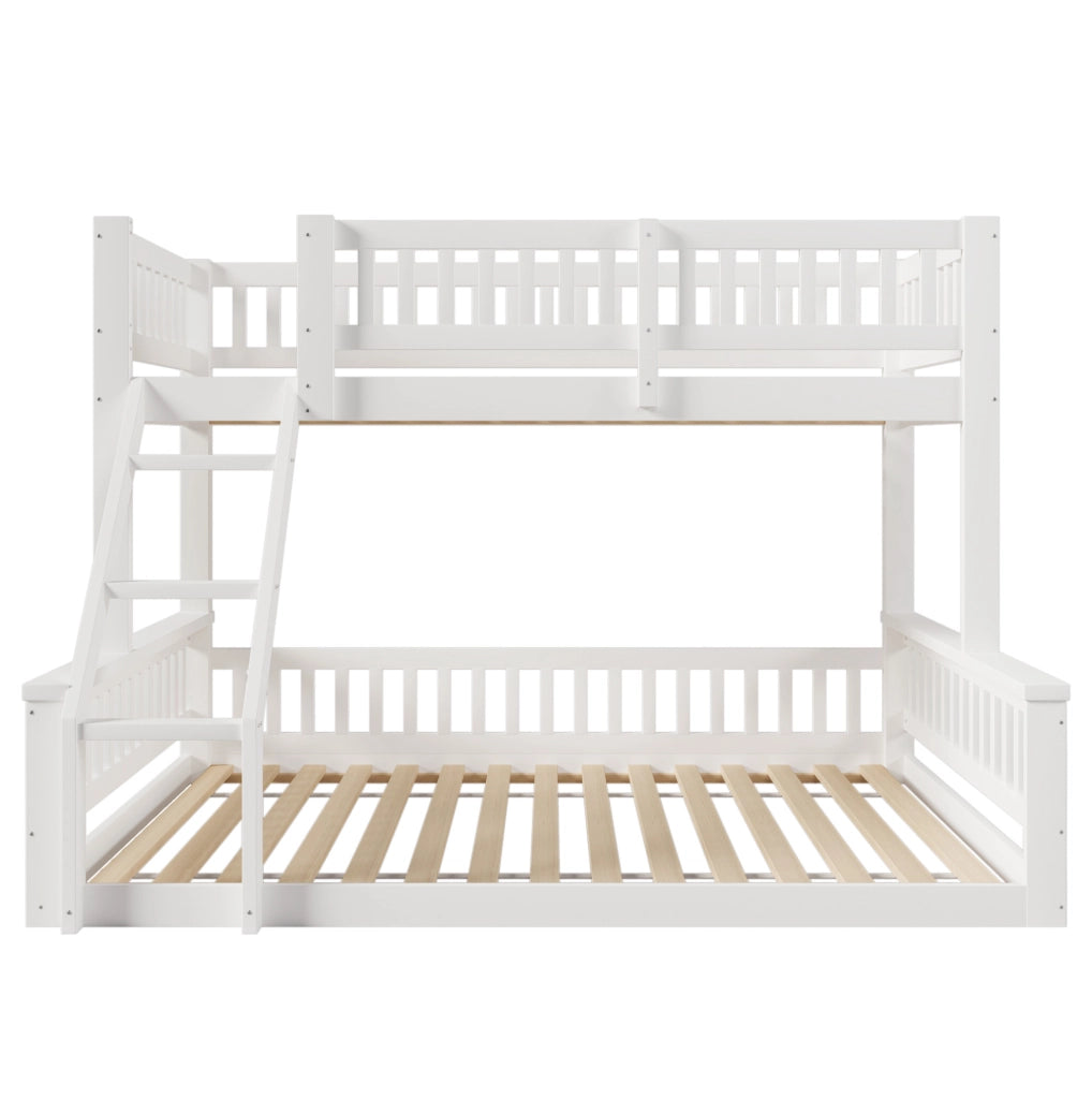 Letto a castello in legno 90x200 cm + 140x200 cm bianco con scala e sponde