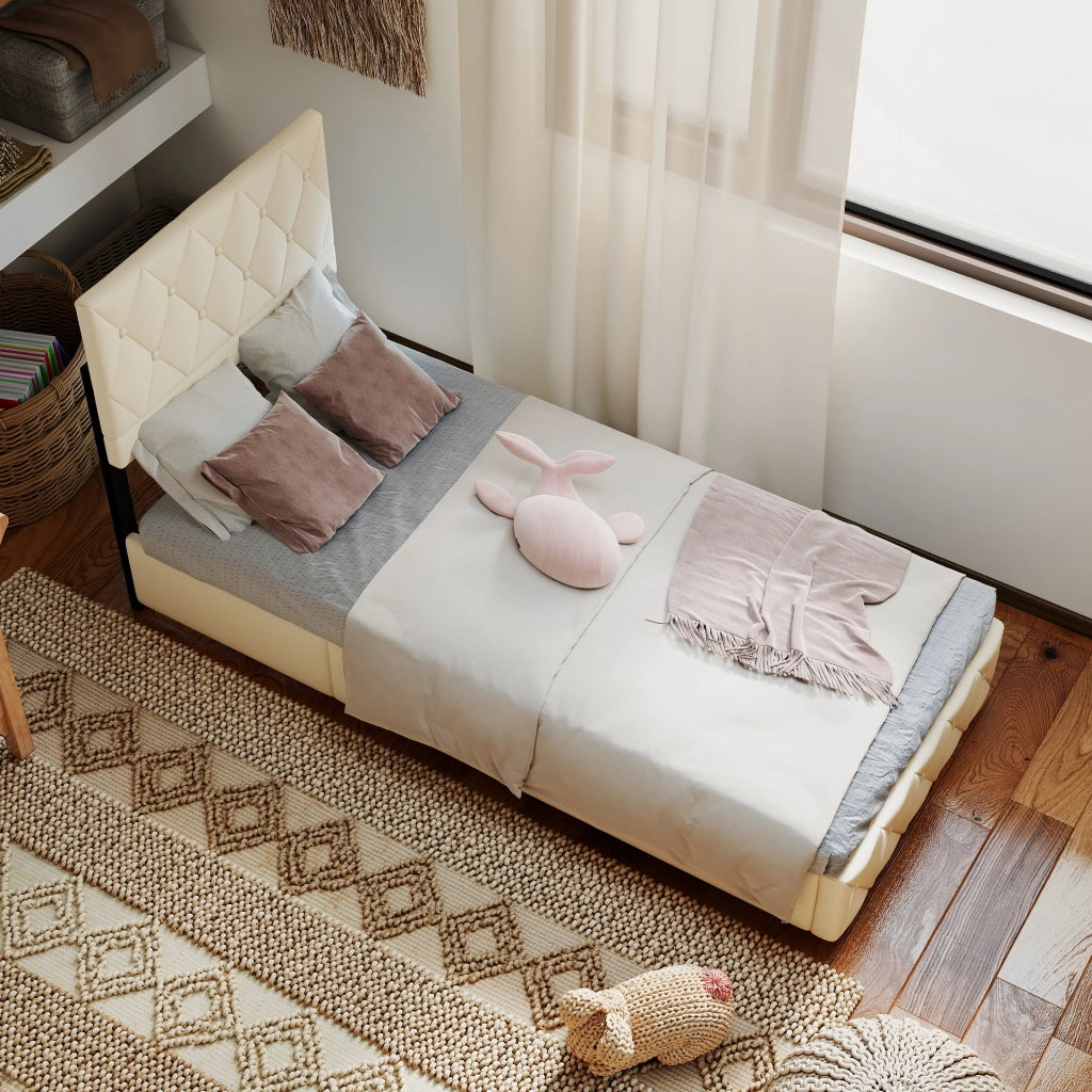 Letto imbottito singolo 90 × 190 cm con rete a doghe in velluto beige, struttura stabile e montaggio facile