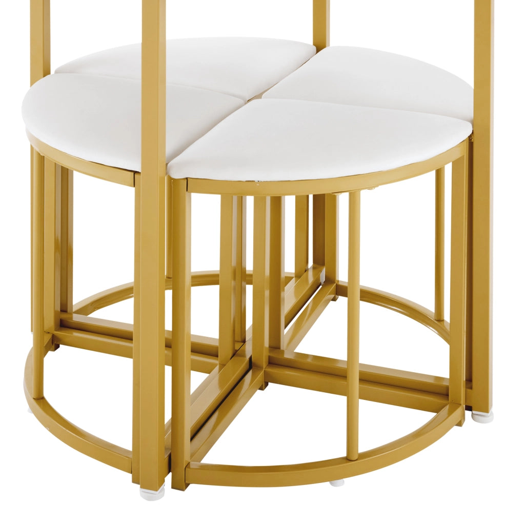 Tavolo da pranzo rotondo per 4 persone con 4 sedie, piano in MDF, struttura in metallo, bianco e oro, 80 cm