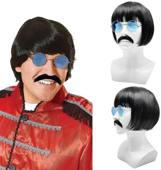 Set di Costumi per Feste con Capelli Falsi in Materiale Sintetico - Nero Naturale - Incluso Occhiali da Sole, Barba Falsa e Capello Falso - Materiale Termoresistente