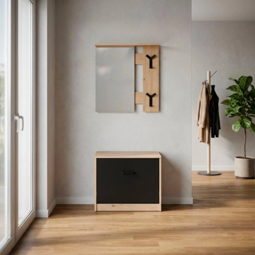 Mobile Ingresso Limone41A con Specchio, Appendiabiti e Scarpiera Rovere e Nero