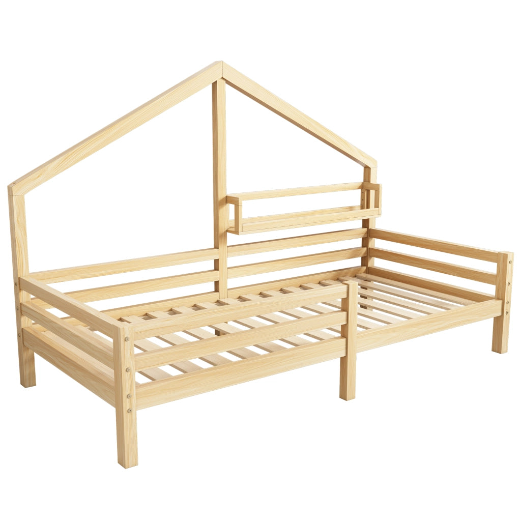 Letto per bambini 90 × 200 cm con libreria, barriera di sicurezza, senza materasso, in pino, naturale
