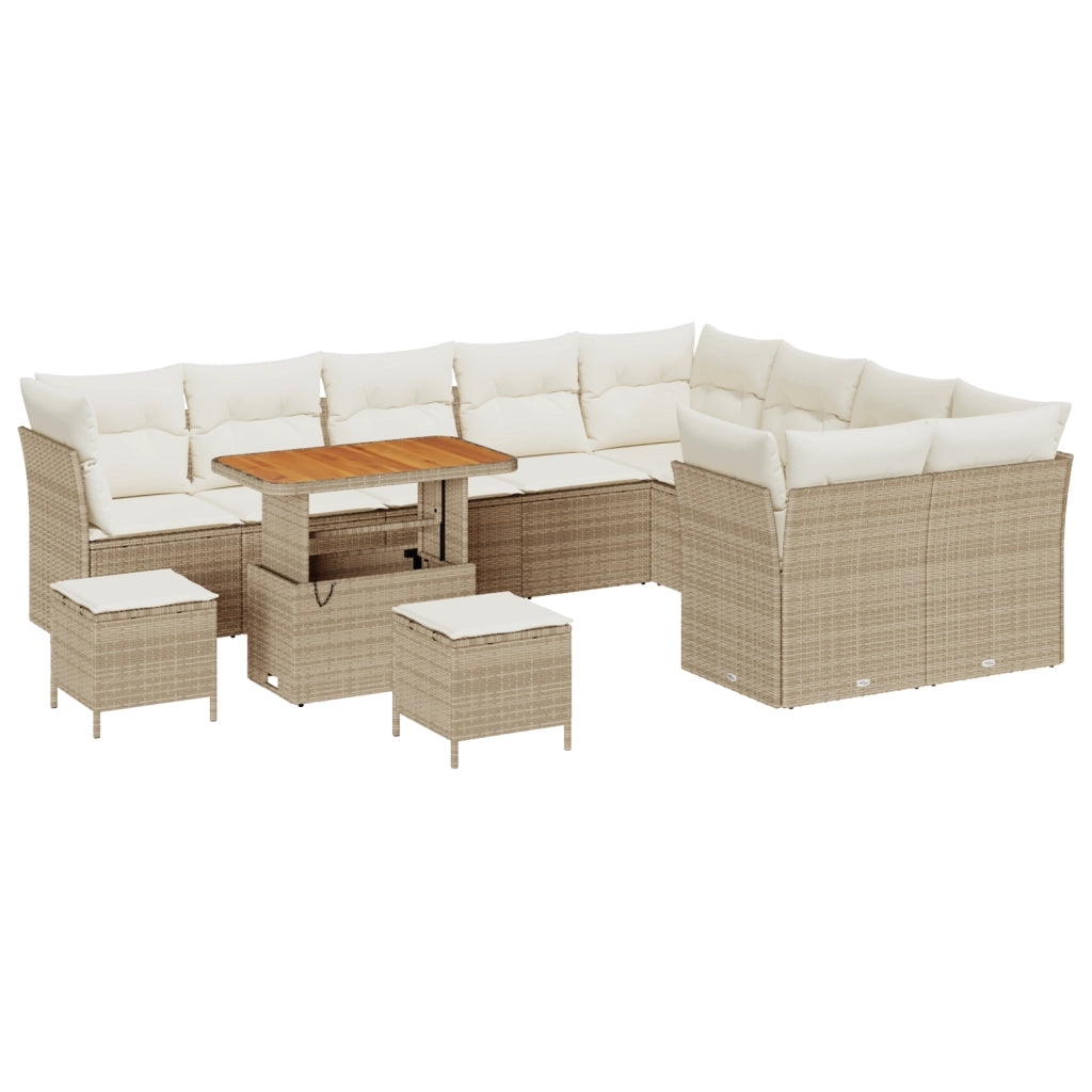 Set Divano da Giardino con Cuscini da 12 Pezzi Beige Polyrattan Acacia
