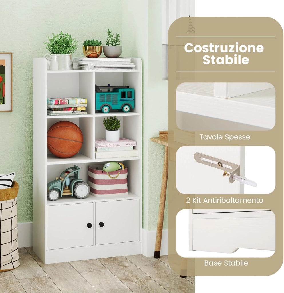 Libreria con Ante, Armadio di Stoccaggio con 5 Scomparti e 2 Armadi, Mobile Espositore Autonoma per Soggiorno Camera da Letto Studio, 60 x 29,5 x 120 cm