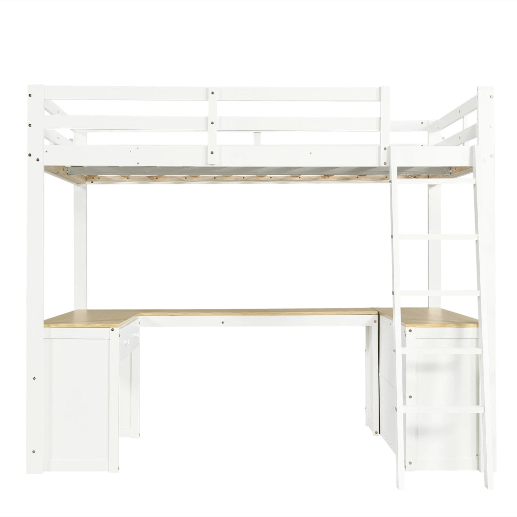 Letto a Soppalco 140 x 200 cm - Scrivania a U; 2 Cassetti e Scaffale - Bianco e Naturale