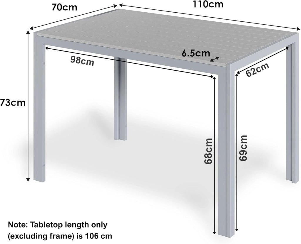 Tavolo da Giardino Moderno in WPC 110 x 70 cm, Tavolo da Pranzo per Esterno per 4-6 Persone, Tavolo da Balcone Salvaspazio in Alluminio, Design Effetto Legno,Grigio Totale