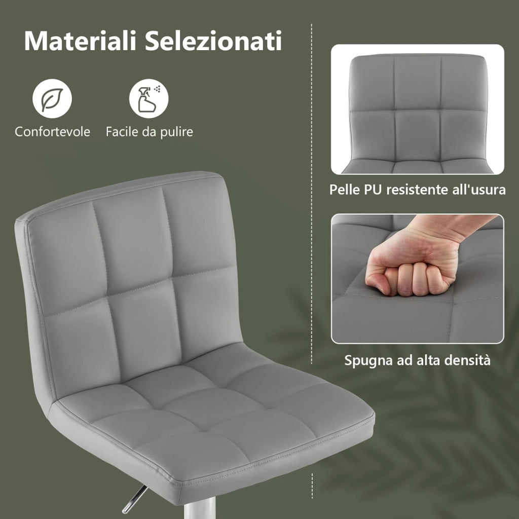 Sgabello Regolabile in Altezza in Ecopelle, Sgabello Cucina Girevole a 360° con Poggiapiedi e Base Metallica Antiscivolo, Sedia Portata 150 kg per Sala da Pranzo e Penisola Cucina (Grigio,2)