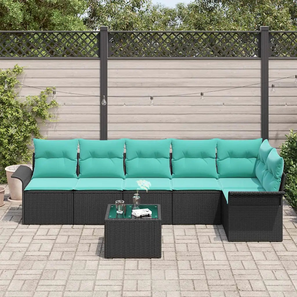 Set Divano da Giardino con cuscino 7 pcs Nero Poly Rattan