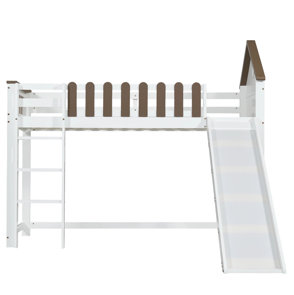 Letto a soppalco 90x200 cm bianco e noce, con scivolo e scala