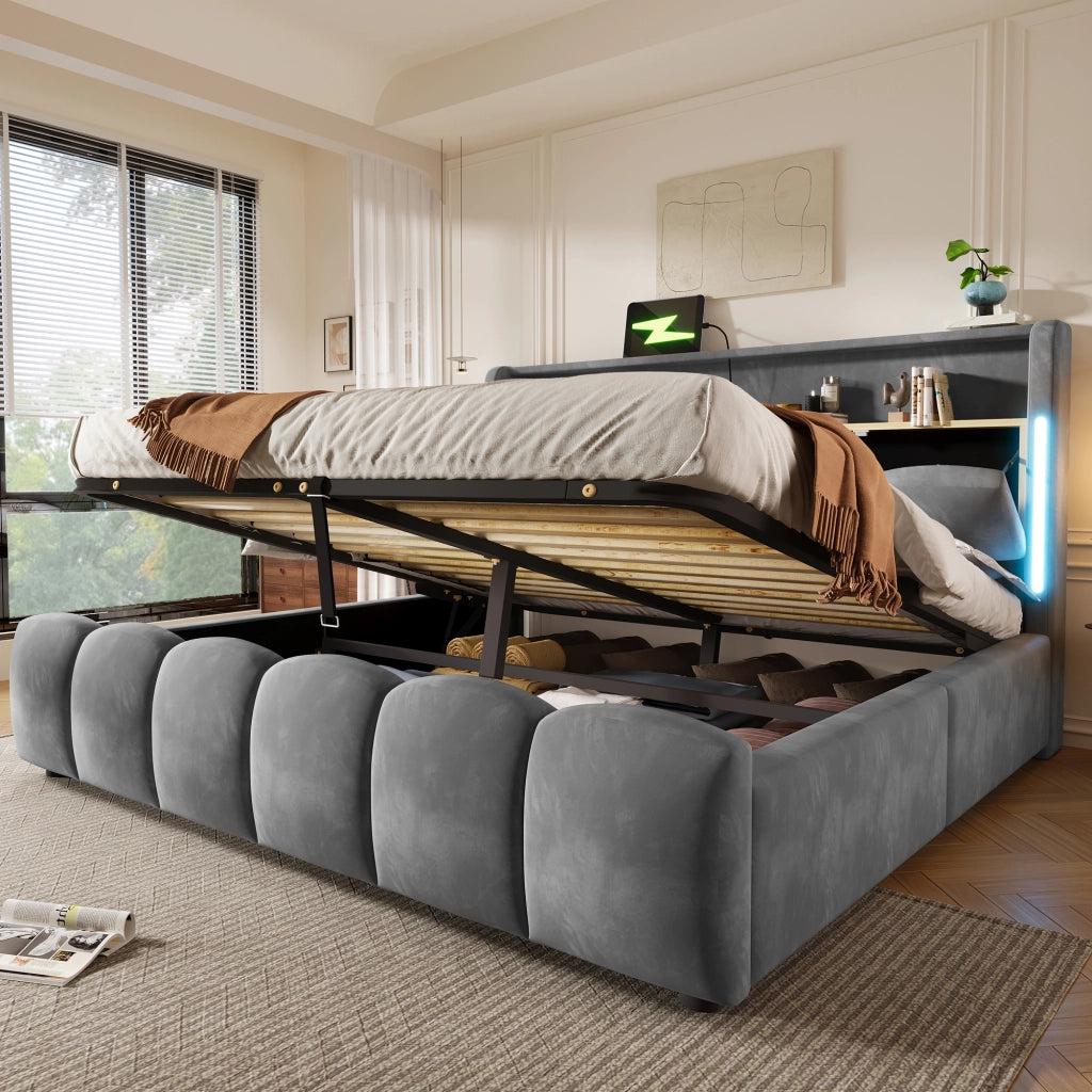 Letto imbottito 180x200 LED testiera stivaggio idraulico USB/Type-C velluto